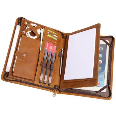 Belsee Carrying Genuine Leather Case Bag for Apple iPad Pro 10.5 Tablet A6 Note Book Pens Cards Headphone Cell Phone with Zipper